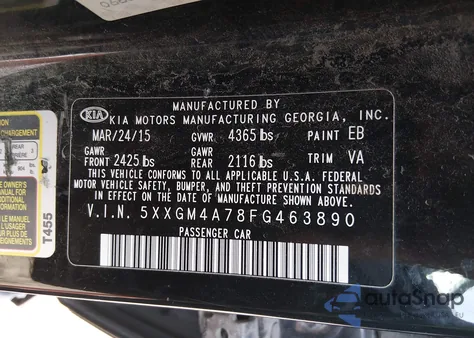 2015 Kia Optima Lx z USA, uszkodzony, nr VIN 5XXGM4A78FG463890